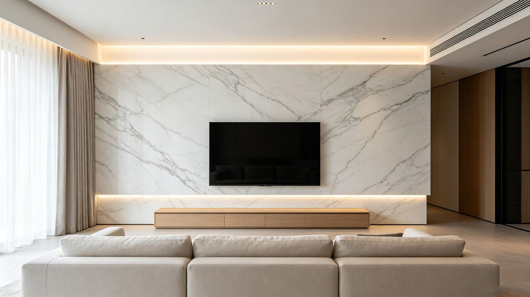 Large-size continuous textured stone slab TV background wall